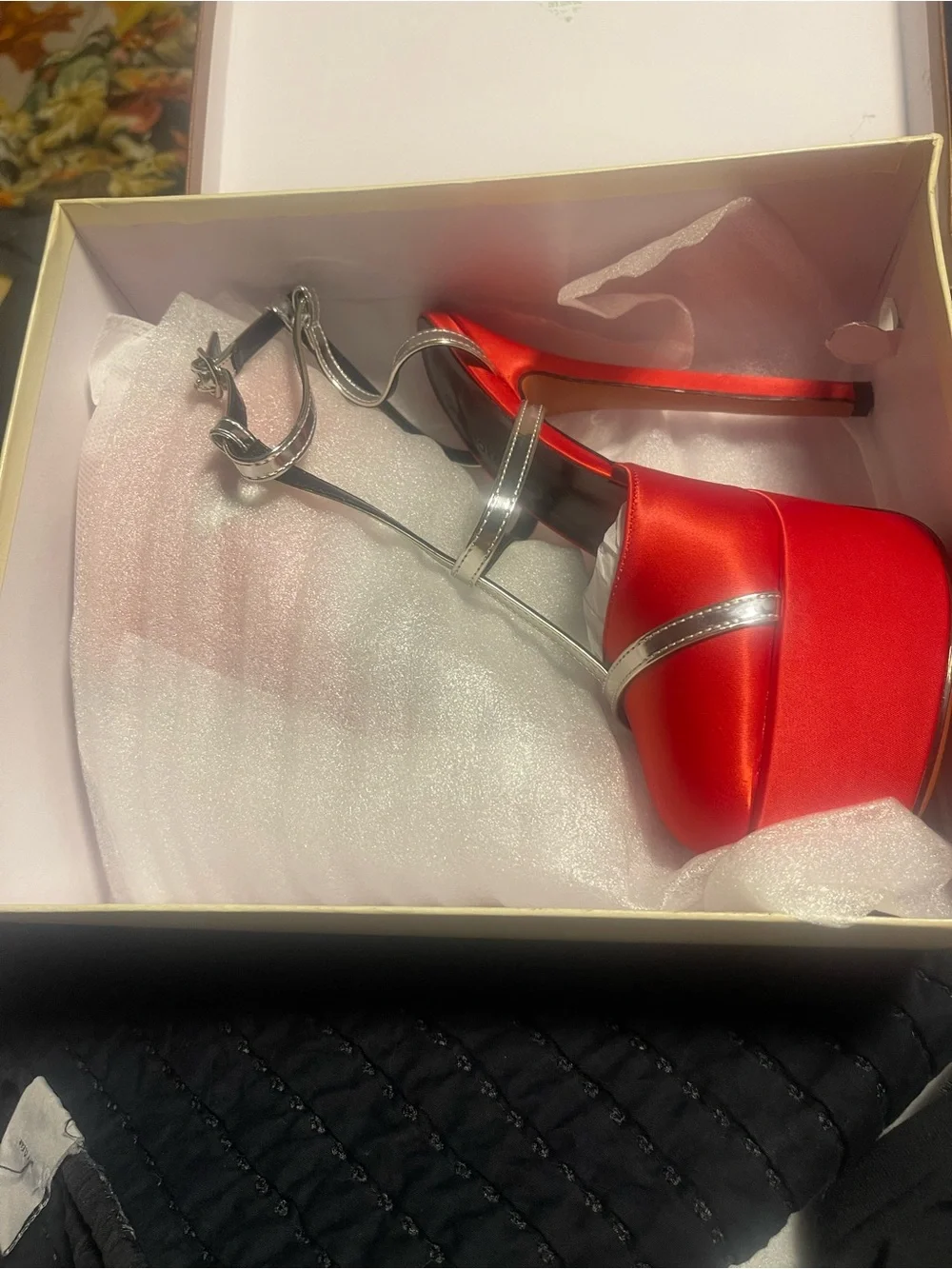 Red Satin Platform Stiletto Sandal with Silver Straps